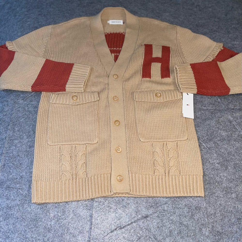 Honor The Gift Cardigan XS Tan Red Varsity Letter H Knit Sweater Button Front